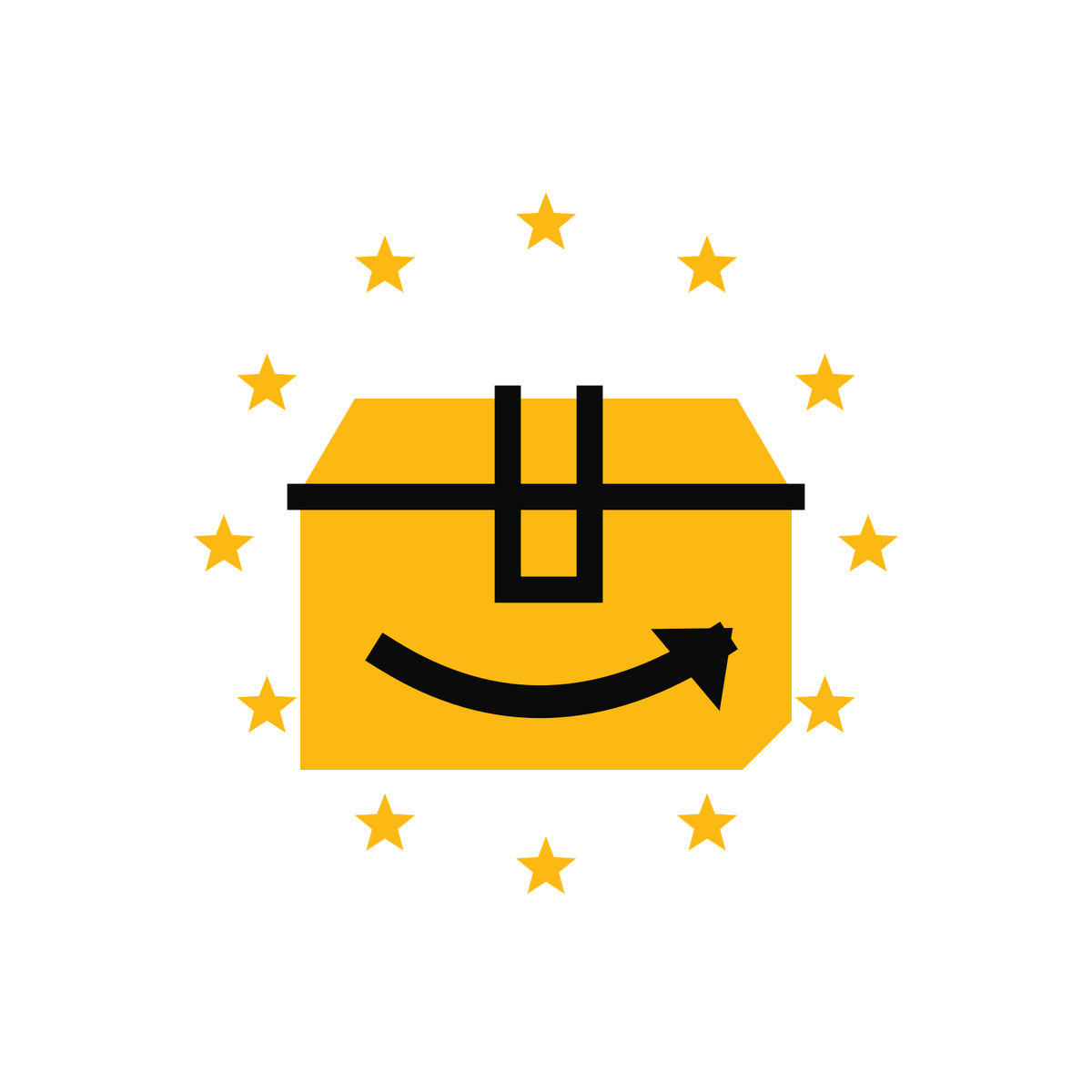 Paczka ze strzałką dostawy otoczona dwunastoma europejskimi gwiazdami.