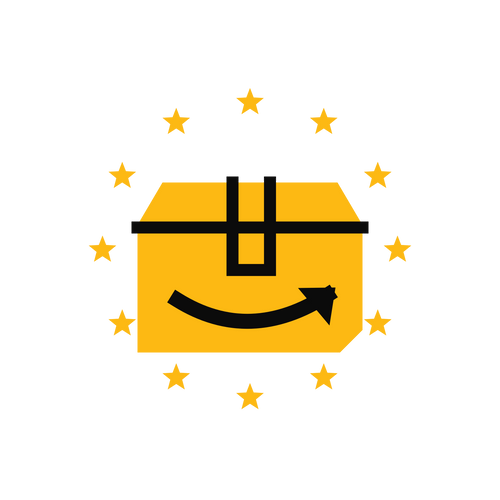 Paczka ze strzałką dostawy otoczona dwunastoma europejskimi gwiazdami.